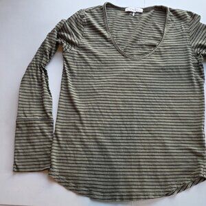 Frame Army Green and Black Striped Long Sleeve T-shirt Scoop Neck